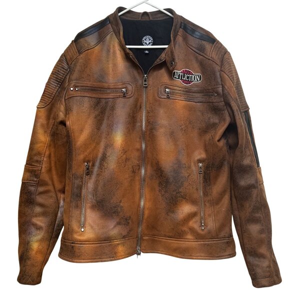 AFFLICTION Distressed Biker Jacket Embroidered Native Skull Zip-up Men's size XL - Picture 2 of 5